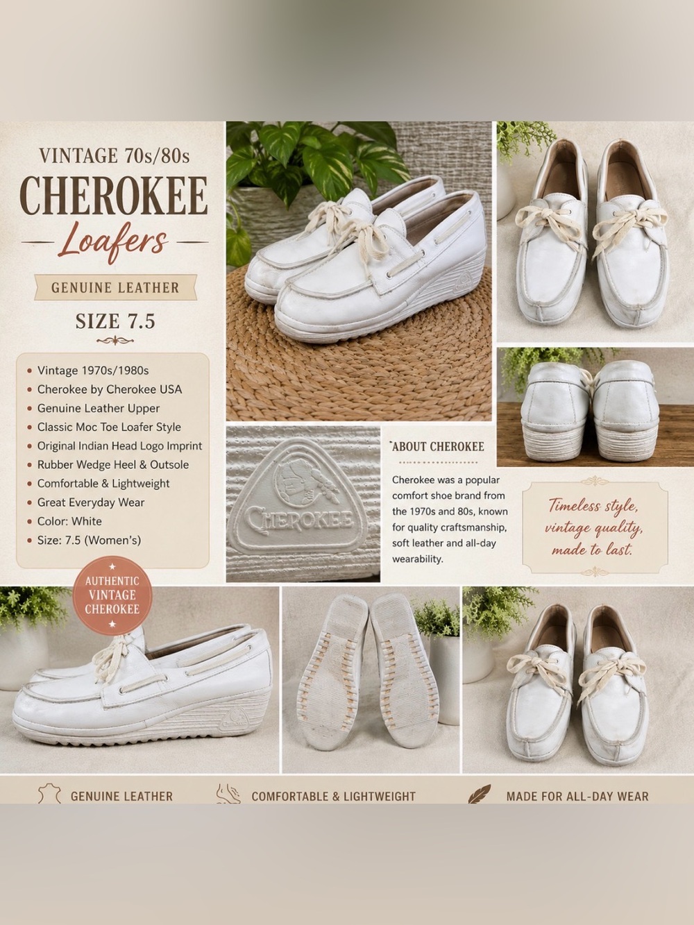 Cherokee - Vintage 70s- White Leather Lace-Up Wedge Loafers